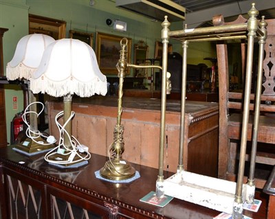 Lot 553 - Pair of brass table lamps and shades, brass light fitting and a brass mounted umbrella stand