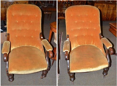 Lot 570 - Victorian mahogany framed open armchair with velvet upholstery and another similar