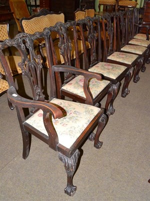 Lot 583 - Set of eight mahogany Chippendale style dining chairs including two carvers with floral seats