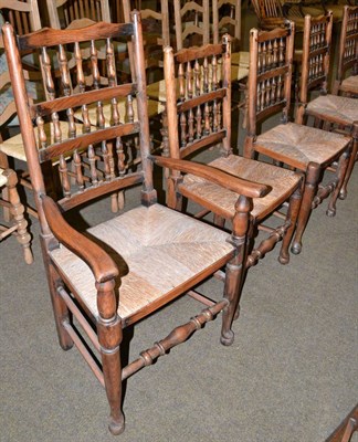 Lot 600 - Set of six 19th century country spindle-back dining chairs with rush seats