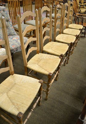 Lot 603 - Set of six country style ladder back chairs with rush seats