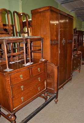 Lot 625 - Oak bedroom suite including pair of double bed ends, chest of drawers, pair of bedroom chairs,...