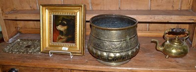 Lot 636 - Oil on board, study of a dog, brass church easel, tray, brass planter etc