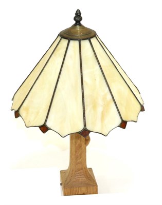 Lot 604 - A Robert  "Mouseman " Thompson Oak Table Lamp, octagonal column on a square base, with carved mouse