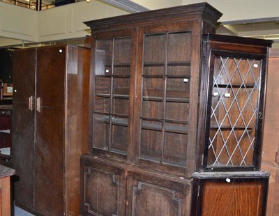 Lot 689 - Oak glazed cabinet on cupboard base, reproduction standing corner cabinet, wardrobe, Edwardian...