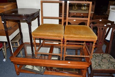 Lot 702 - Reproduction coffee table with glass top, two wall mirrors, occasional table and three chairs (7)