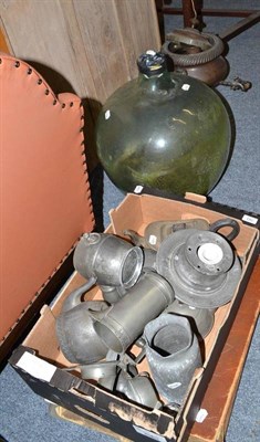 Lot 703 - A large brass carboy as a lamp, box of pewter, samovar and a folio of prints, and Indian sword