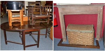 Lot 709 - Edwardian fire surround, copper fender, wicker basket, recliner chair etc