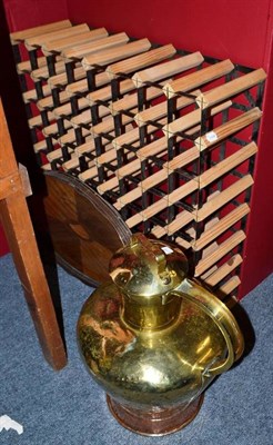 Lot 711 - Large brass and copper water carrier, an oval tray and a wine rack