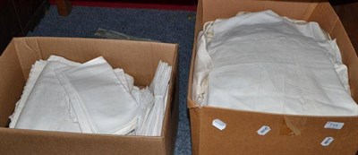 Lot 715 - Assorted white linen and textiles, length of wool tweed fabric, embroidered linens, knitted...