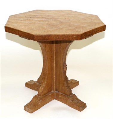 Lot 609 - A Robert  "Mouseman " Thompson Octagonal Oak Coffee Table, on a cruciform base, with carved...