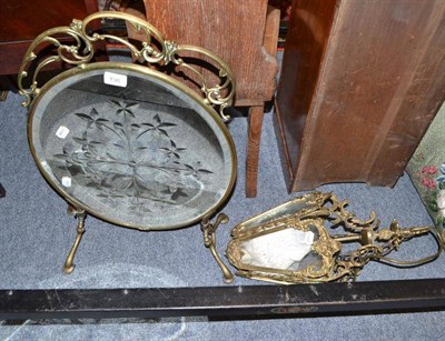 Lot 736 - Brass framed hall lantern, brass framed mirrored firescreen and corner chair (3)