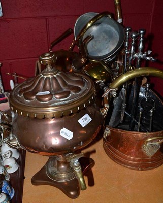 Lot 739 - Copper samovar, copper kettles, brassware, coal helmets, brass mounted bull staff etc