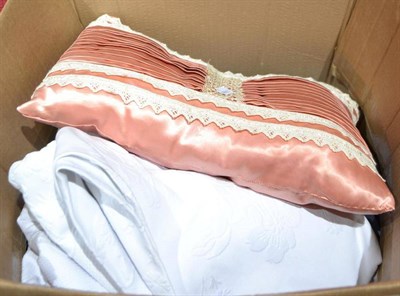 Lot 741 - Pink and white striped quilt (a.f.); blue and floral quilted bed cover; two cotton patchwork...