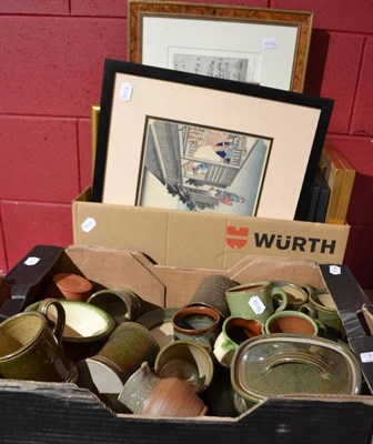 Lot 751 - Box of assorted modern green pottery mugs, plates etc and assorted modern framed pictures and...