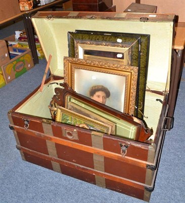 Lot 760 - Dome travelling trunk, mahogany fret carved wall mirror, various mirrors, prints etc