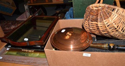 Lot 766 - Assorted plated flatware (loose and cased), copper bed warming pan, pair of binoculars, pair of...