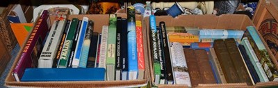 Lot 768 - Six boxes of books comprising: Interests (steam trains, Meccano, photography etc) and atlases;...