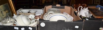 Lot 777 - Four boxes of assorted decorative ceramics, glassware, dinner service, four framed prints etc