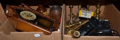 Lot 785 - A mahogany brass bound writing slope, mantel timepiece, brass candlesticks, telephone, ceramics etc