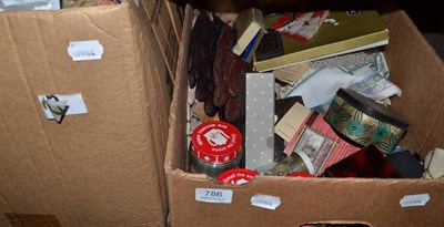 Lot 786 - Two boxes containing linen, buttons, leather gloves, sewing accessories etc