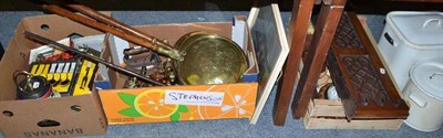 Lot 795 - Assorted brassware including bed warming pans, plated wares, oak cased barometer, kitchenalia,...