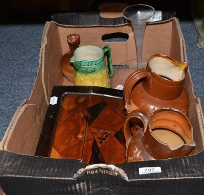 Lot 797 - Japanese lacquer and parquetry lap desk, glass epergne and four various jugs