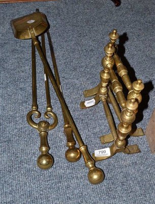 Lot 799 - Brassware comprising set of fire irons and pair of firedogs