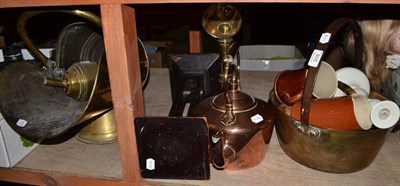 Lot 805 - Brass coal helmet and shovel, jam pan, lamp, two copper kettles, spigot, trivet jug, two brass...