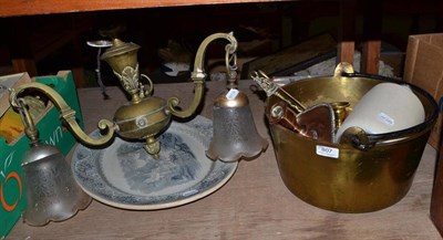 Lot 807 - Assorted metalwares, plated wares, ceramics, glassware, three branch chandelier, brass jam pan,...