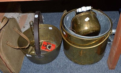 Lot 811 - Brass coal scuttle, three Chinese wool rugs, jam pan, scales etc