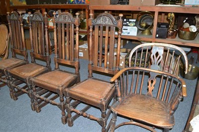 Lot 814 - Four oak high-back dining chairs, pair of chairs and a Windsor armchair