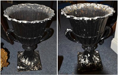 Lot 830 - Pair of cast iron two handled pedestal garden urns