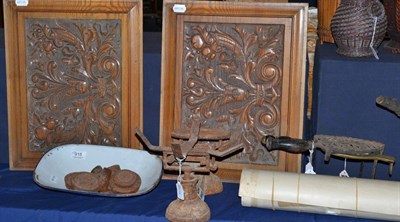 Lot 918 - Two Edwardian carved wooden panels, a set of weighing scales and weights, a brass, wood and...