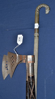 Lot 936 - Brass decorated sword stick and a pair of early 20th century ceremonial Northern Indian axes...