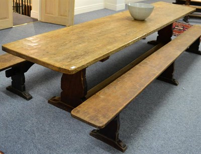 Lot 625 - A Robert  "Mouseman " Thompson Oak 12ft Refectory Table, on two shaped supports, joined by a...