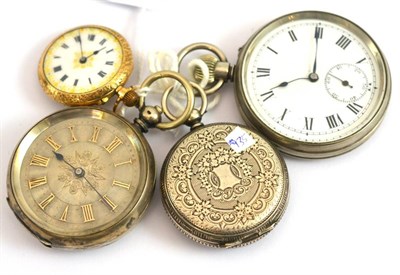 Lot 15 - Two fob watches stamped '935' and '800', plated pocket watch and a 15ct gold fob watch (4)