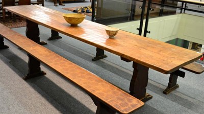 Lot 627 - A Robert  "Mouseman " Thompson Oak 12ft Refectory Table, on two shaped supports, joined by a...