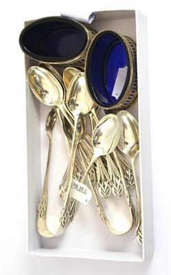 Lot 33 - Silver teaspoons, silver tongs, silver salts with blue glass liners
