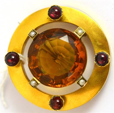 Lot 48 - A citrine, seed pearl and cabochon garnet brooch