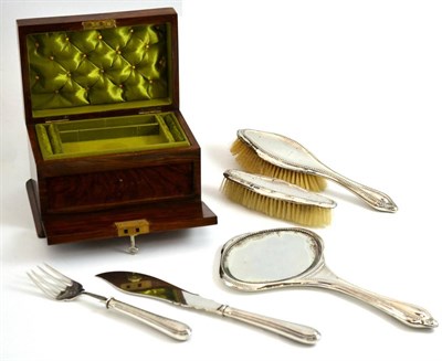 Lot 53 - A Victorian silver fish serving set with silver blade, tines and handles, a walnut jewellery casket