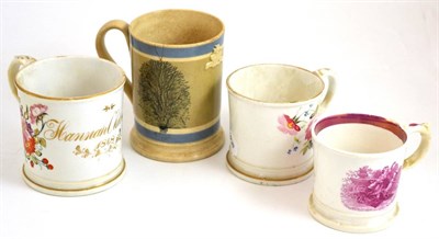 Lot 57 - Named Staffordshire floral mug, another mug and mocha tankard and printed mug