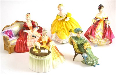 Lot 61 - Five Royal Doulton figures, ";Belle O'The Ball";, ";Meditation";, ";Ascot";, ";Southern Bell";...
