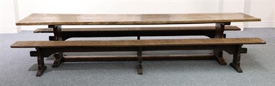 Lot 631 - A Robert  "Mouseman " Thompson Oak 12ft Refectory Table, on two shaped supports, joined by a...