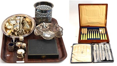 Lot 69 - Silver comprising cased tea knives, cased teaspoons, assorted condiments and a collection of plated