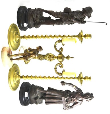 Lot 86 - A tray including two brass candlesticks, a gilt lamp, a pair of spelter figures and another figure