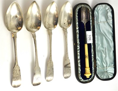 Lot 109 - A Victorian silver plated and ivory mounted stilton scoop in a presentation case and four...