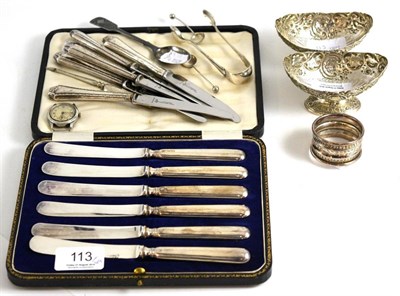 Lot 113 - A pair of Atkin Brothers silver salts, cased set of six silver handled tea knives, another set,...