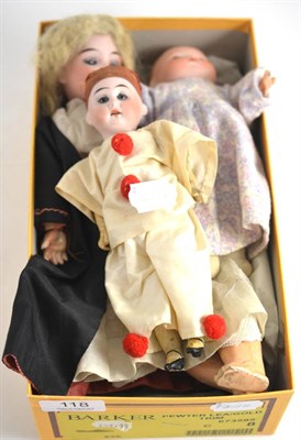 Lot 118 - Armand Marseille 390 small bisque head doll with blue eyes, bisque head Pierrot doll and bisque...