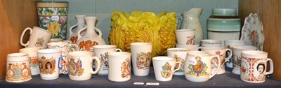 Lot 121 - A shelf of ceramics including a pair of Goss vases, commemorative china and a Bretby jardiniere